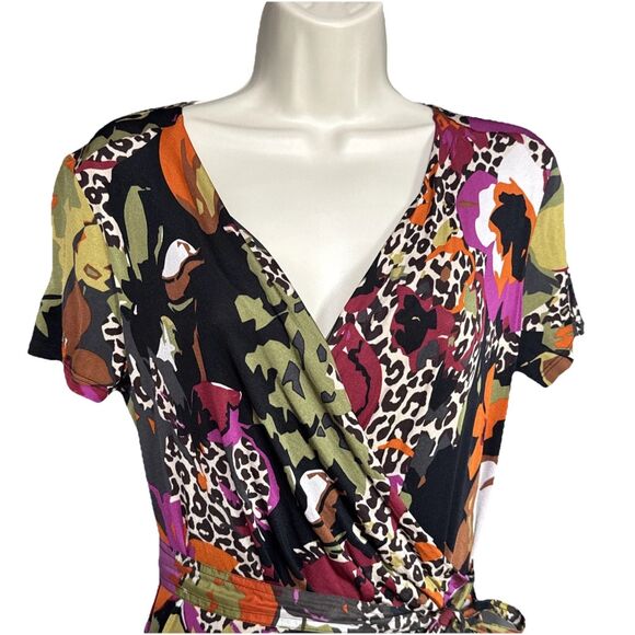 Max Mara Size M Floral Animal Print Faux Wrap Knee-Length Dress Stretchy Belted - Picture 4 of 13